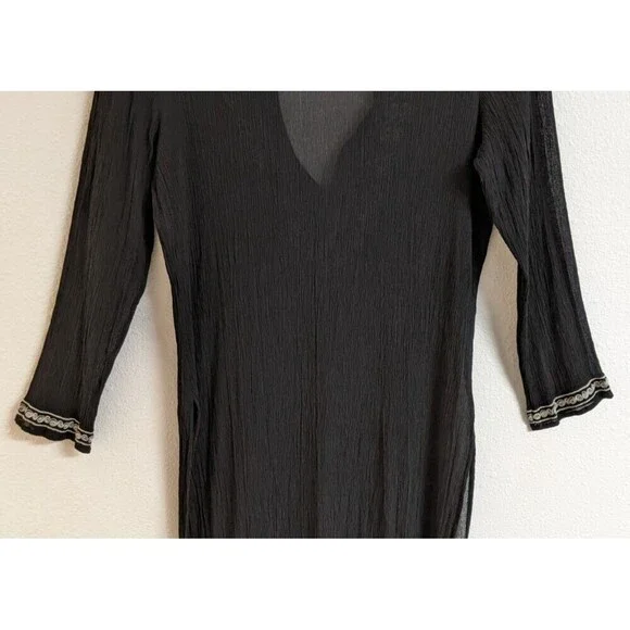 CHICO'S Women's Black Silk Embroidered Deep-V Cover-Up Beach Cruise 10/12 - Picture 9 of 11